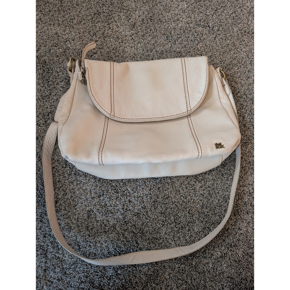 The Sak Cream Pebbled Leather Flap Crossbody Bag Antique Brass‎ Hardware